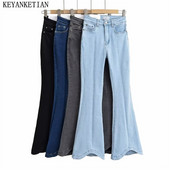 KEYANKETIAN Pantaloni de toamnă noi pentru femei din denim, cu clopoței, eleganti, de bază, cu fermoar, talie înaltă, subțiri, blugi vintage, pantaloni lungi pentru femei