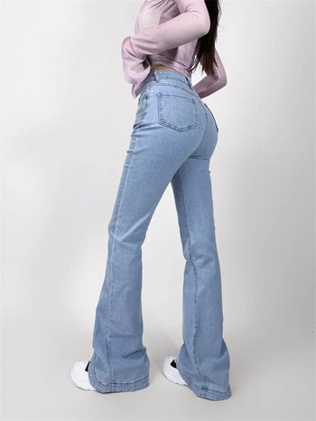 KEYANKETIAN Есенни нови дамски дънкови камбанки Стилни базови тесни панталони с висока талия с цип Винтидж дънки Дамски дълги панталони