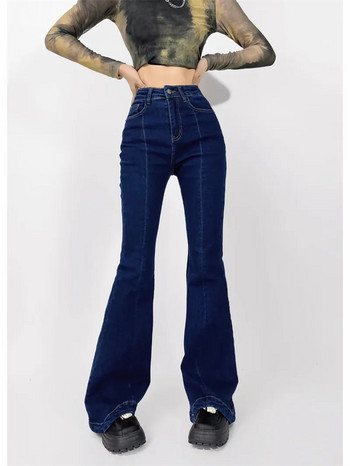 KEYANKETIAN Есенни нови дамски дънкови камбанки Стилни базови тесни панталони с висока талия с цип Винтидж дънки Дамски дълги панталони