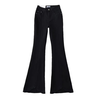 KEYANKETIAN Pantaloni de toamnă noi pentru femei din denim, cu clopoței, eleganti, de bază, cu fermoar, talie înaltă, subțiri, blugi vintage, pantaloni lungi pentru femei