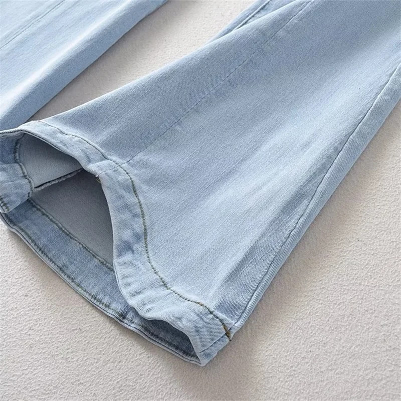 KEYANKETIAN Pantaloni de toamnă noi pentru femei din denim, cu clopoței, eleganti, de bază, cu fermoar, talie înaltă, subțiri, blugi vintage, pantaloni lungi pentru femei