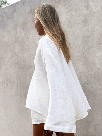 Комплекти бели памучни пижами Hiloc Свободни разкроени дневни облекла с дълъг ръкав Модни дамски пижами 2023 Нощни облекла за жени Спално облекло
