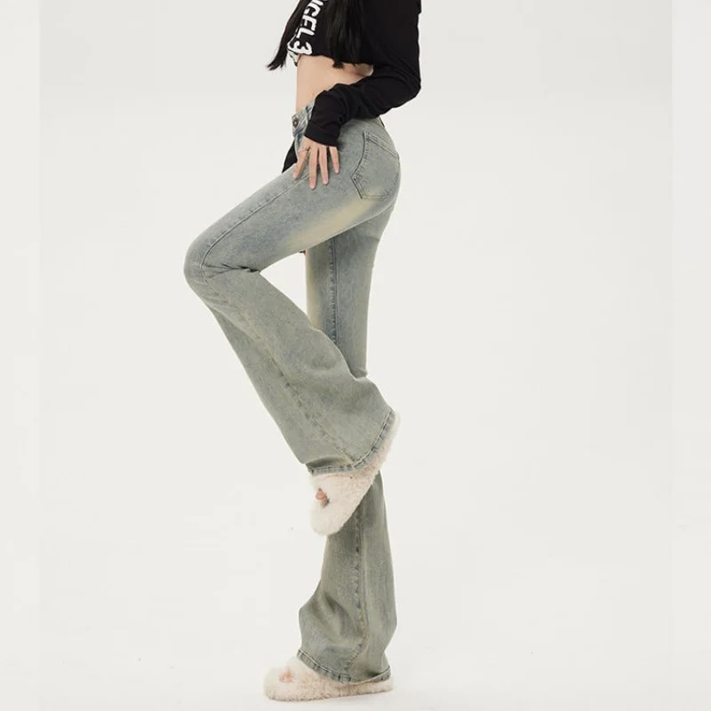 Korejske ulične modne ženske obojene uske traperice Proljeće Jesen Uske vintage široke hlače s visokim strukom Ležerne traper hlače za sve kombinacije