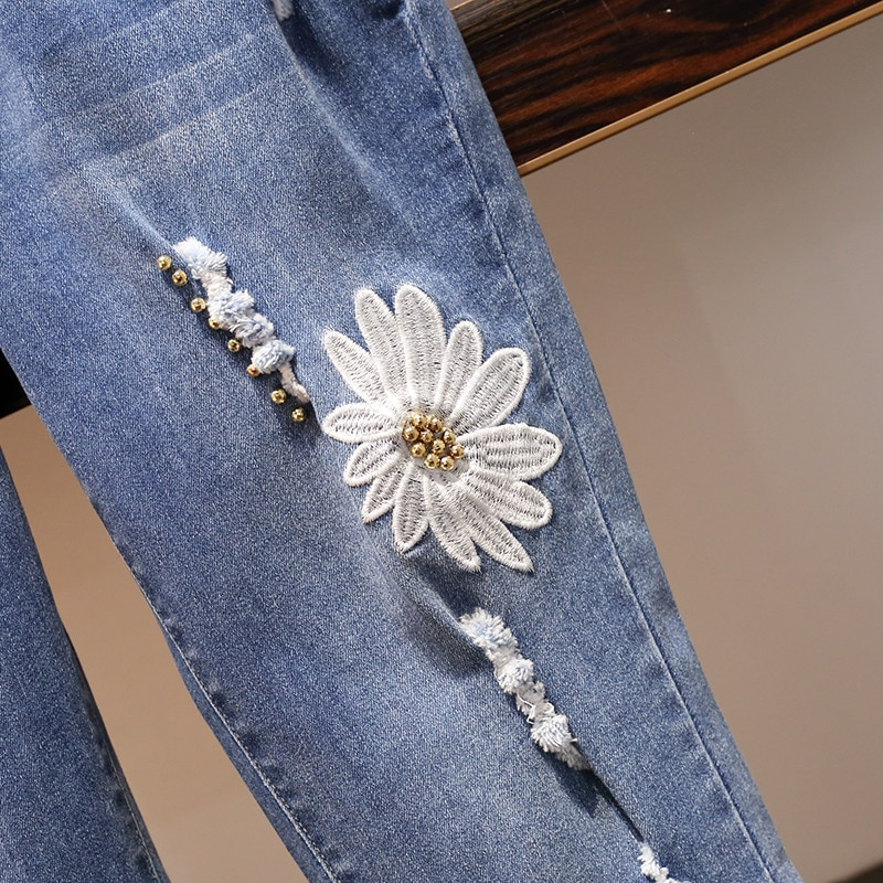 Blugi de vară supradimensionați pentru femei, pantaloni harem cu talie înaltă, cu broderie, găuri cu margele, pantaloni vintage din denim, pantaloni tăiați pentru femei