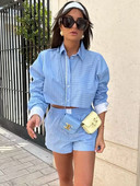 TRAF Ženski 2-dijelni kompleti kratkih hlača 2023. Nova modna prugasta majica Topovi + kratke hlače u kontrastnim bojama Ležerni dvodijelni set Ženska odijela