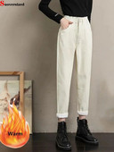 Blugi harem largi, căptușiți cu pluș, iarnă, plus pantaloni din denim cu talie înaltă îngroșați de catifea, pentru femei, pantaloni negri caldi coreeani