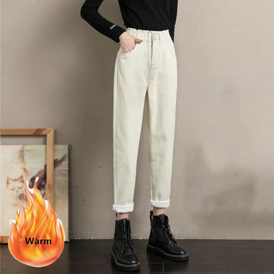 Blugi harem largi, căptușiți cu pluș, iarnă, plus pantaloni din denim cu talie înaltă îngroșați de catifea, pentru femei, pantaloni negri caldi coreeani