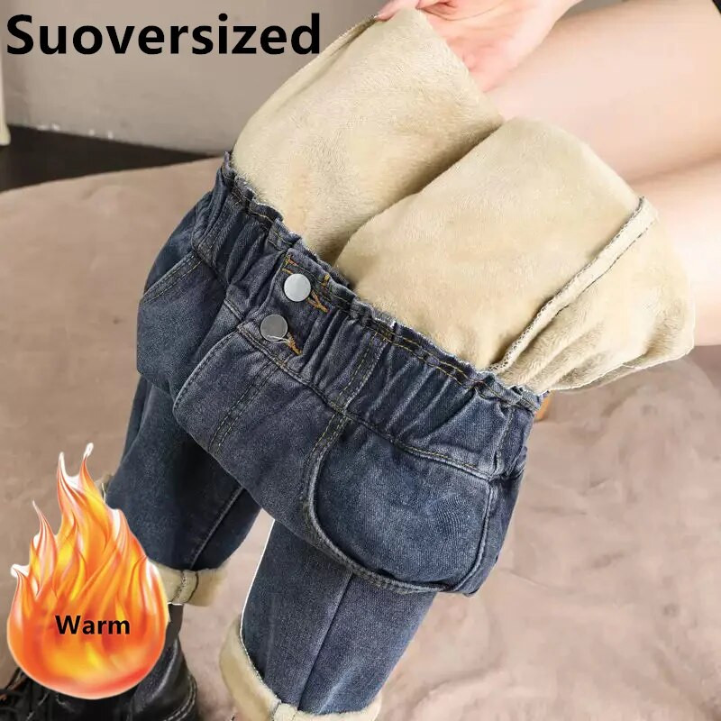 Blugi harem largi, căptușiți cu pluș, iarnă, plus pantaloni din denim cu talie înaltă îngroșați de catifea, pentru femei, pantaloni negri caldi coreeani