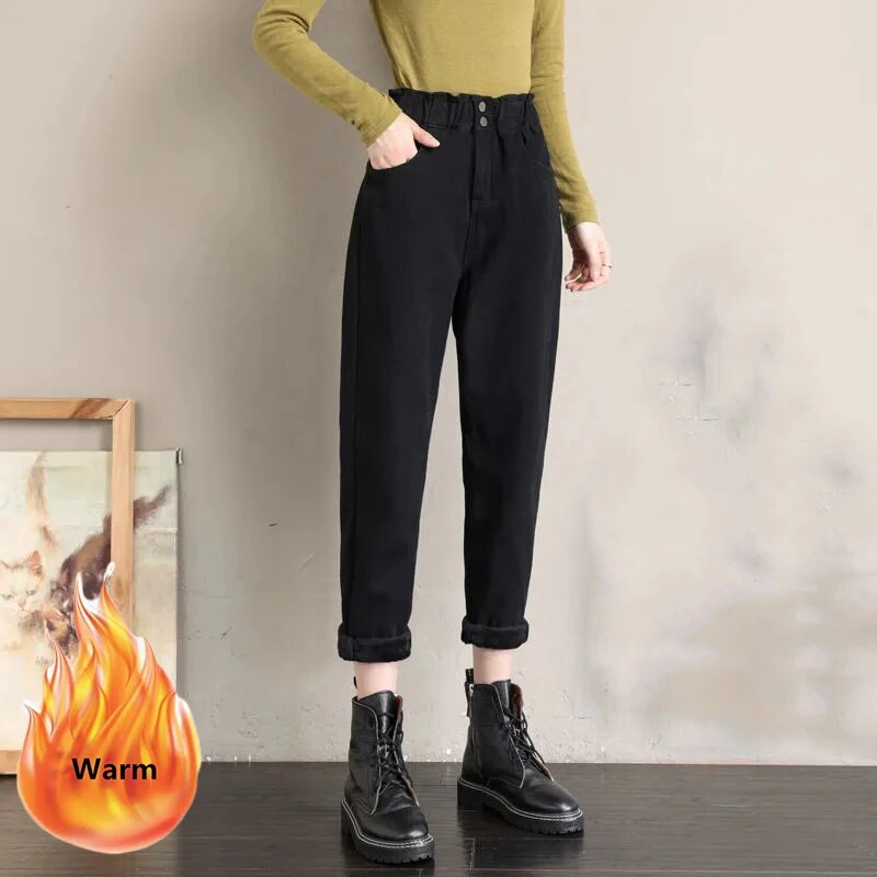 Blugi harem largi, căptușiți cu pluș, iarnă, plus pantaloni din denim cu talie înaltă îngroșați de catifea, pentru femei, pantaloni negri caldi coreeani