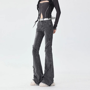 Клеш дънки Дамски еластичен тесен памучен деним с висока талия Дамски стегнати панталони с пискюли Моден уличен стил Винтидж ежедневни панталони