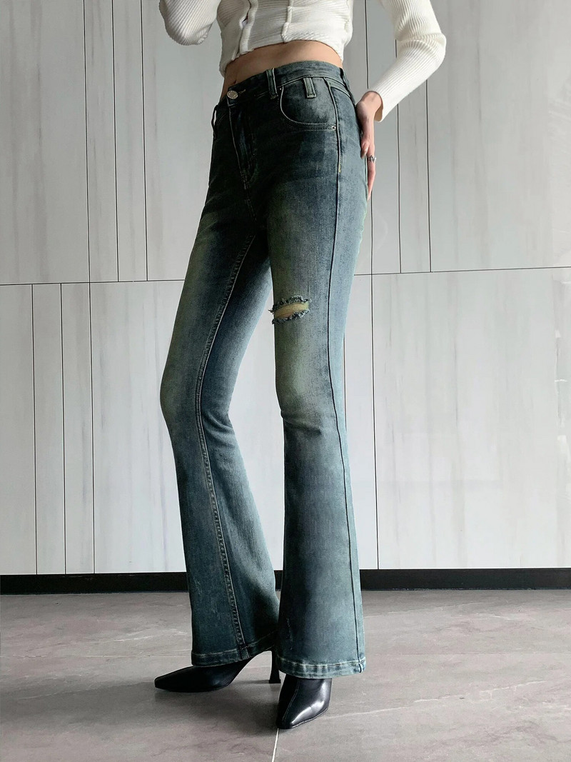 PANTALONI EVAZAȚI ALBASTRI VINTAGE HIGH STRECTH PENTRU FEMEI BLANCI SEXY RUPȚI ȘULȚI CU TALIE ÎNALTĂ - FORGUNROSES