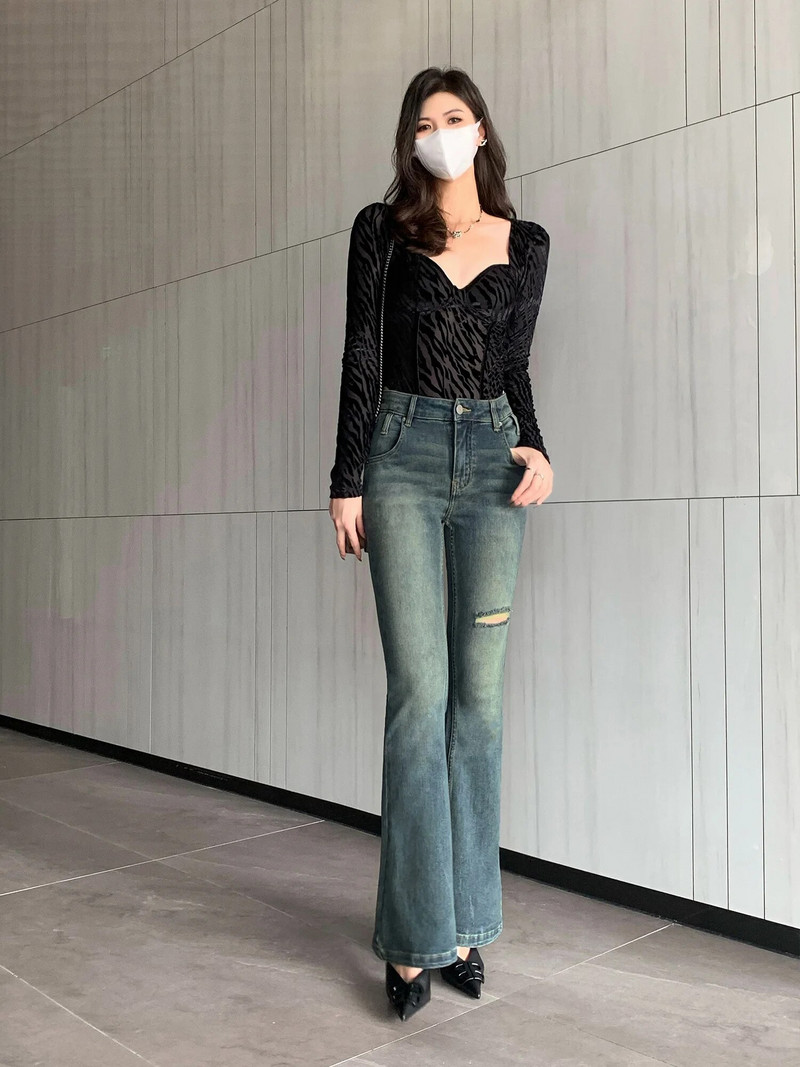 PANTALONI EVAZAȚI ALBASTRI VINTAGE HIGH STRECTH PENTRU FEMEI BLANCI SEXY RUPȚI ȘULȚI CU TALIE ÎNALTĂ - FORGUNROSES