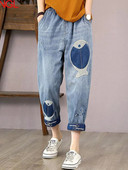Pantaloni tăiați din denim cu talie elastică de pește brodat retro, pantaloni tăiați pentru femei, blugi de vară, talie înaltă, secțiune subțire, pantaloni harem largi.