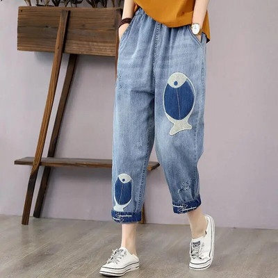 Pantaloni tăiați din denim cu talie elastică de pește brodat retro, pantaloni tăiați pentru femei, blugi de vară, talie înaltă, secțiune subțire, pantaloni harem largi.