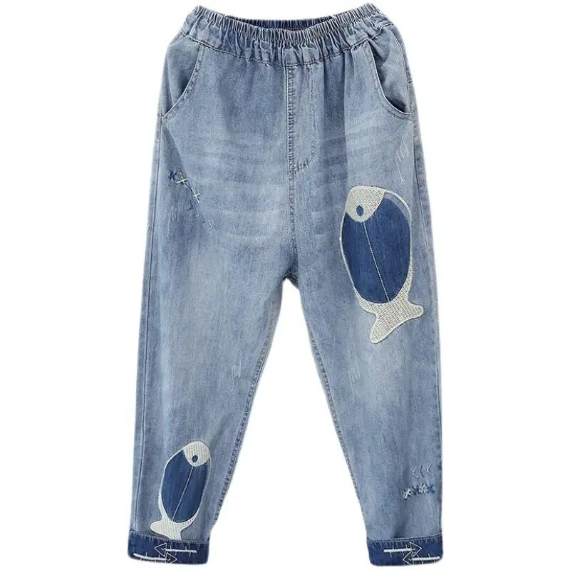 Retrotikandiga kala elastne vöökoht Denim kärbitud püksid Naiste teksad Suvised kõrge vöökohaga õhuke osa Täiesti sobivad lahtised haaremipüksid