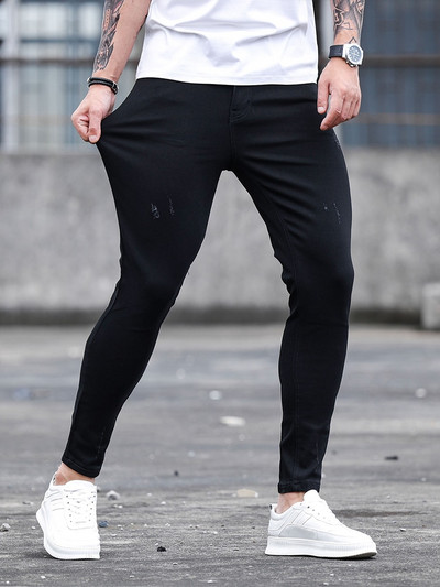 Νέο 2023 Ανδρικό στενό τζιν παντελόνι γρατσουνιές μαύρο ελαστικό λεπτό παντελόνι μικρού ποδιού Μοτοσικλέτα Sports Street τζιν casual χαρακτήρα