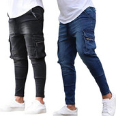 Pantaloni de denim cargo cu mai multe buzunare pentru bărbați, blugi elastici, slim fit, pantaloni de lucru hip hop
