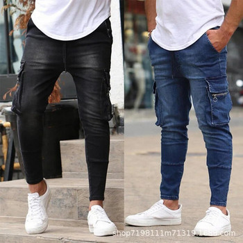 Нови мъжки прилепнали еластични дънки Ежедневни модни карго дънкови панталони с няколко джоба High Street Мъжки дънки Работни хип-хоп панталони
