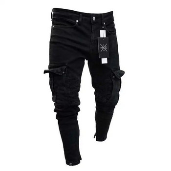 Нови мъжки прилепнали еластични дънки Ежедневни модни карго дънкови панталони с няколко джоба High Street Мъжки дънки Работни хип-хоп панталони