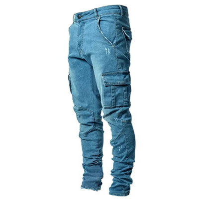 Pantaloni de denim cargo cu mai multe buzunare pentru bărbați, blugi elastici, slim fit, pantaloni de lucru hip hop