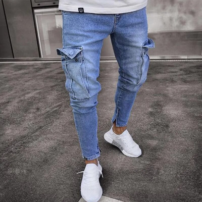Pantaloni de denim cargo cu mai multe buzunare pentru bărbați, blugi elastici, slim fit, pantaloni de lucru hip hop