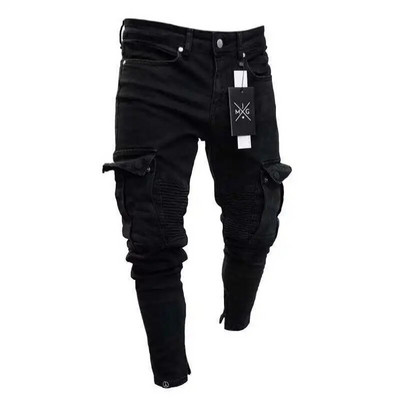 Pantaloni de denim cargo cu mai multe buzunare pentru bărbați, blugi elastici, slim fit, pantaloni de lucru hip hop