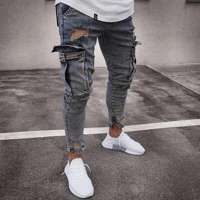 Pantaloni de denim cargo cu mai multe buzunare pentru bărbați, blugi elastici, slim fit, pantaloni de lucru hip hop