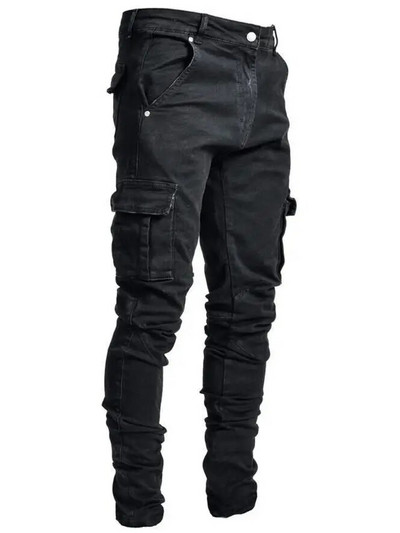 Pantaloni de denim cargo cu mai multe buzunare pentru bărbați, blugi elastici, slim fit, pantaloni de lucru hip hop