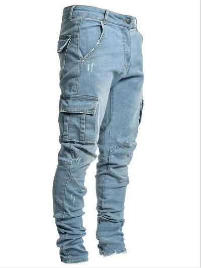 Pantaloni de denim cargo cu mai multe buzunare pentru bărbați, blugi elastici, slim fit, pantaloni de lucru hip hop