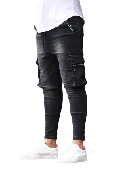 Pantaloni de denim cargo cu mai multe buzunare pentru bărbați, blugi elastici, slim fit, pantaloni de lucru hip hop