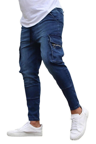 Pantaloni de denim cargo cu mai multe buzunare pentru bărbați, blugi elastici, slim fit, pantaloni de lucru hip hop