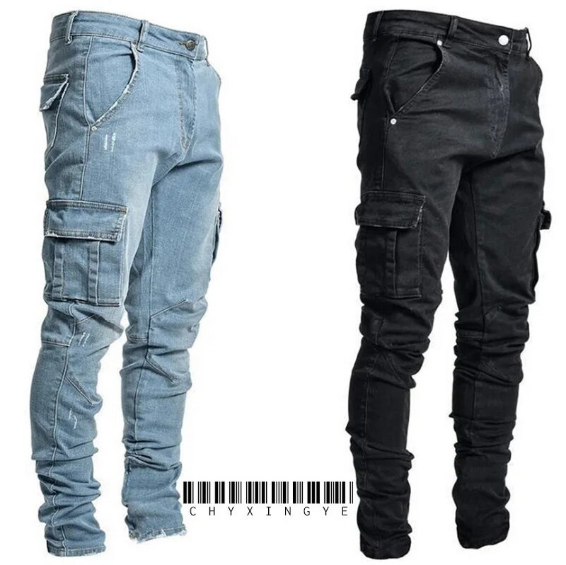 Pantaloni de denim cargo cu mai multe buzunare pentru bărbați, blugi elastici, slim fit, pantaloni de lucru hip hop