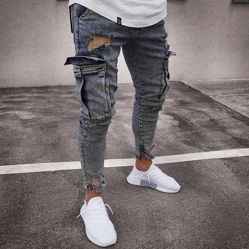 Pantaloni de denim cargo cu mai multe buzunare pentru bărbați, blugi elastici, slim fit, pantaloni de lucru hip hop