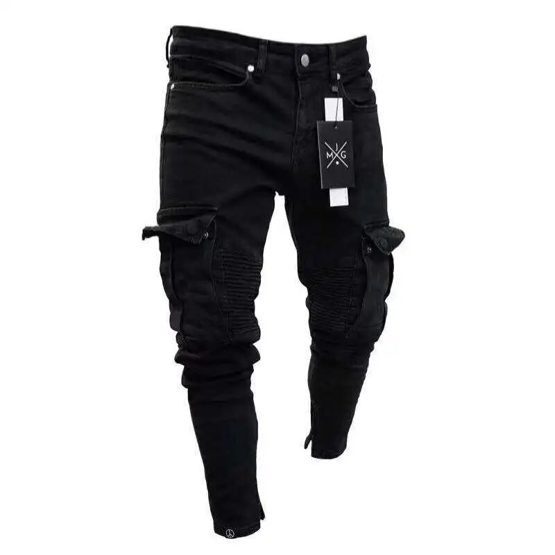 Pantaloni de denim cargo cu mai multe buzunare pentru bărbați, blugi elastici, slim fit, pantaloni de lucru hip hop
