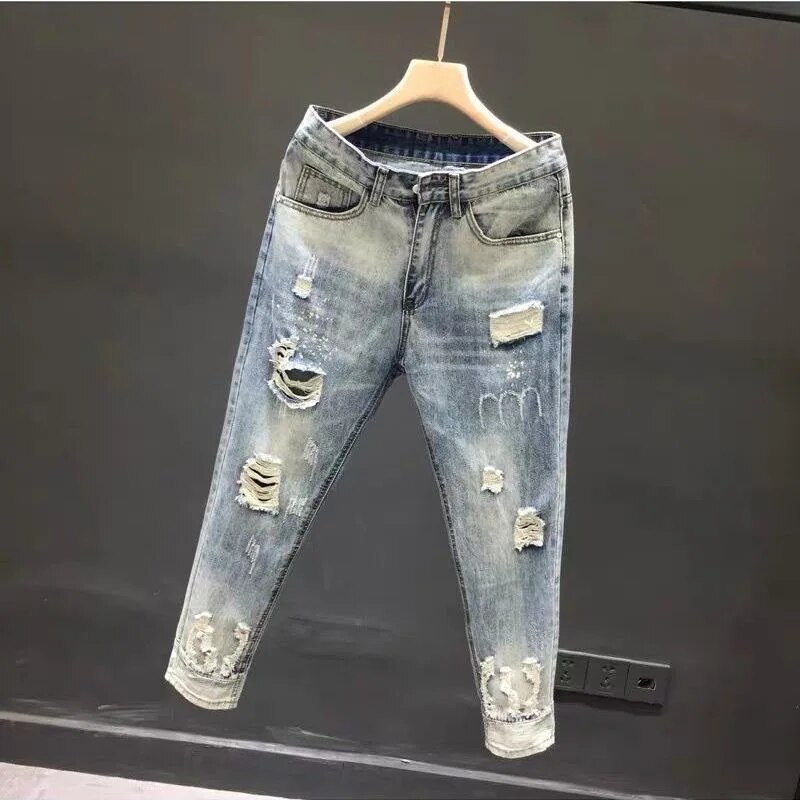 Proljeće/ljeto 2023. Nove muške modne plave poderane rastezljive traperice Muške ležerne uske udobne hlače velike veličine 28-36