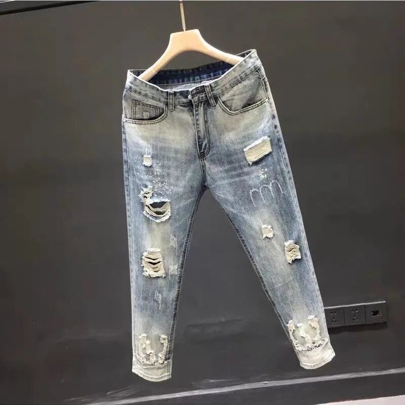 Proljeće/ljeto 2023. Nove muške modne plave poderane rastezljive traperice Muške ležerne uske udobne hlače velike veličine 28-36