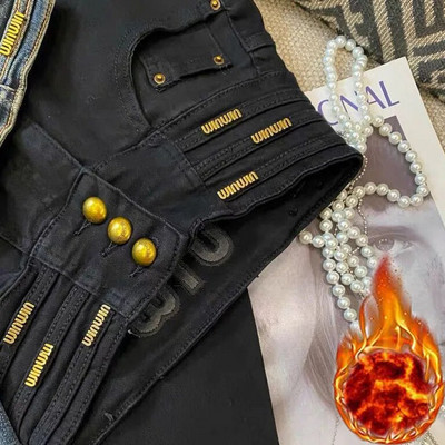 Pantaloni din blugi pentru studenți, slăbiți, groși, blugi de iarnă, blugi elastici de pluș, pantaloni casual din catifea, cu talie înaltă.