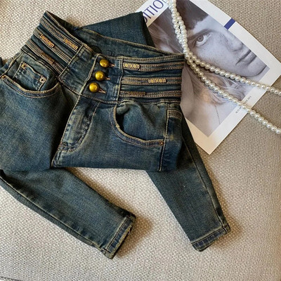 Pantaloni din blugi pentru studenți, slăbiți, groși, blugi de iarnă, blugi elastici de pluș, pantaloni casual din catifea, cu talie înaltă.