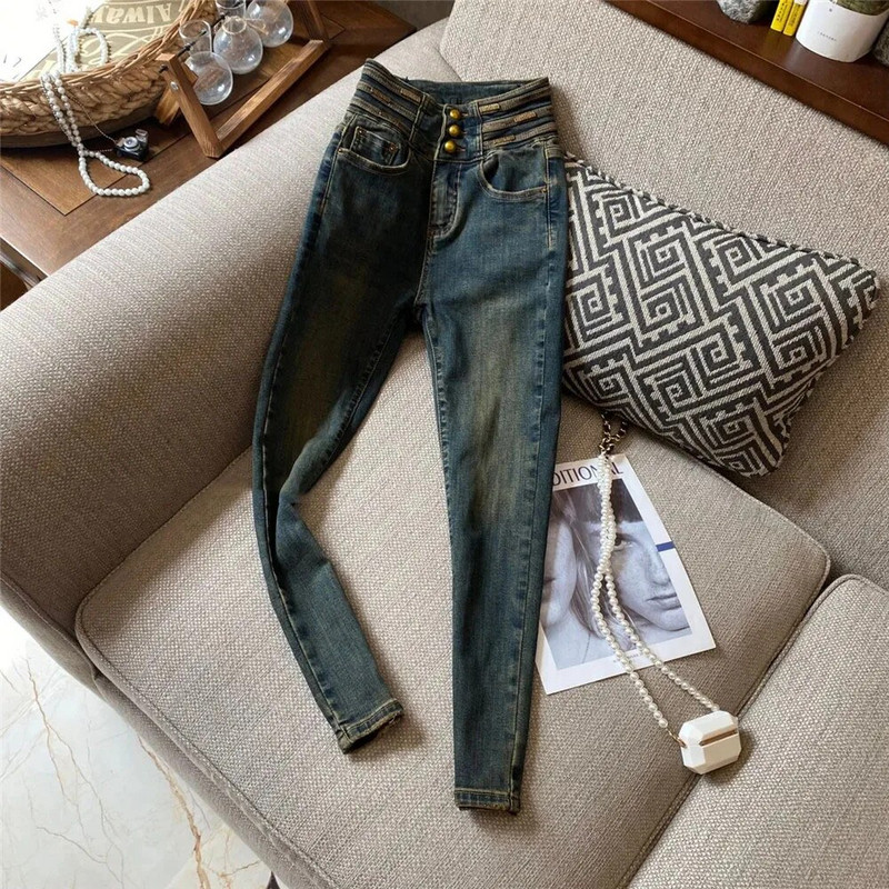 Pantaloni din blugi pentru studenți, slăbiți, groși, blugi de iarnă, blugi elastici de pluș, pantaloni casual din catifea, cu talie înaltă.