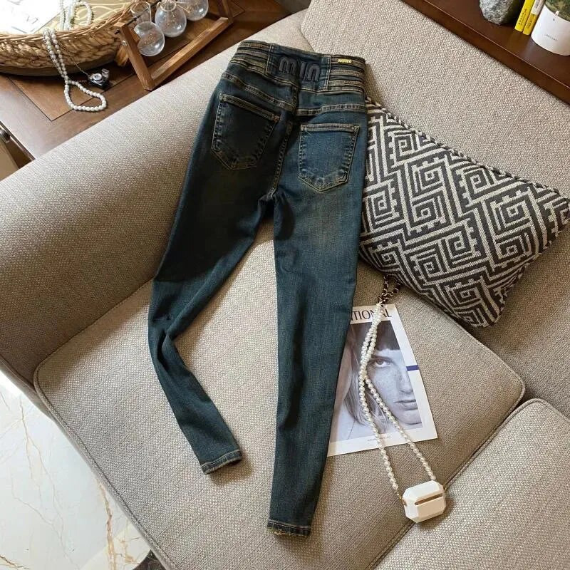 Pantaloni din blugi pentru studenți, slăbiți, groși, blugi de iarnă, blugi elastici de pluș, pantaloni casual din catifea, cu talie înaltă.