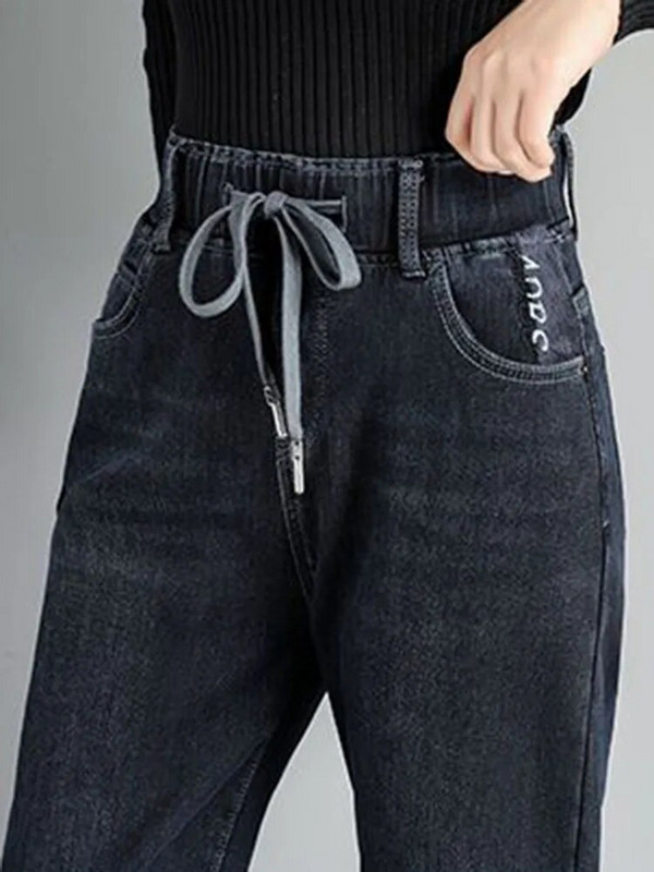 Blugi harem cu talie înaltă de iarnă, albastru, culoare uni, pantaloni din denim căptușiți cu pluș, calduri groase Vaqueros largi, lejer, marime mare, 95 kg Spodnie