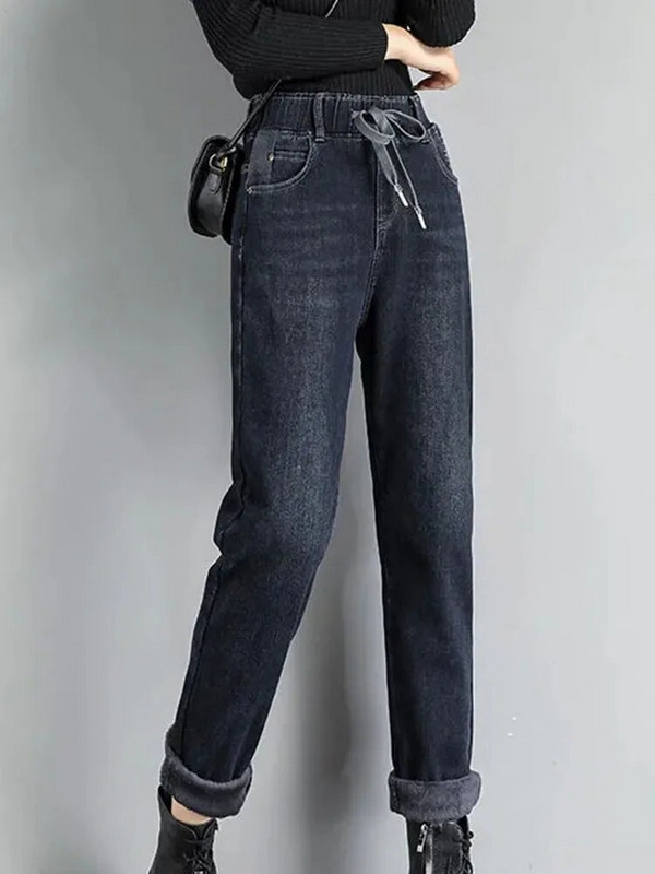 Blugi harem cu talie înaltă de iarnă, albastru, culoare uni, pantaloni din denim căptușiți cu pluș, calduri groase Vaqueros largi, lejer, marime mare, 95 kg Spodnie