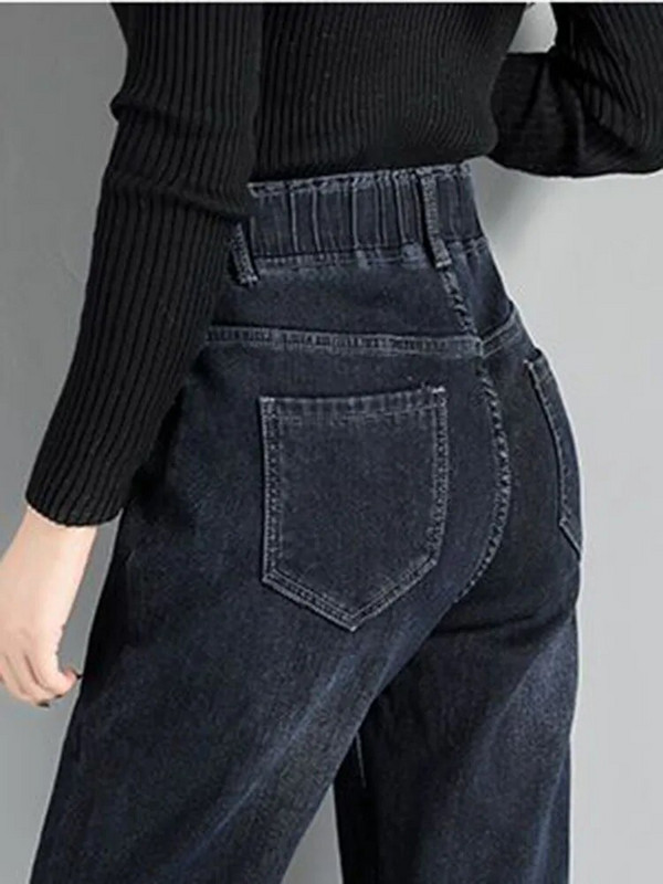 Blugi harem cu talie înaltă de iarnă, albastru, culoare uni, pantaloni din denim căptușiți cu pluș, calduri groase Vaqueros largi, lejer, marime mare, 95 kg Spodnie