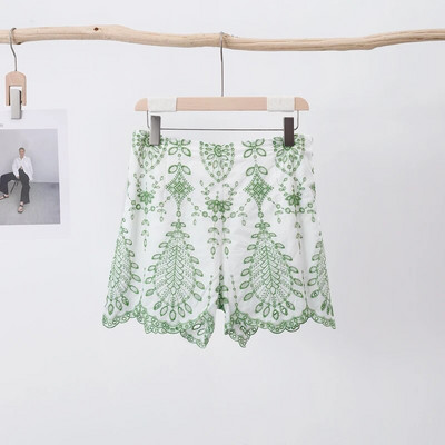 Top cu mânecă bufantă cu broderie, pantaloni scurți pentru femei, seturi de 2 bucăți, cu decolteu în V, bluză scobită, costum de femeie, ocazional, cu tivul val, set de pantaloni scurti