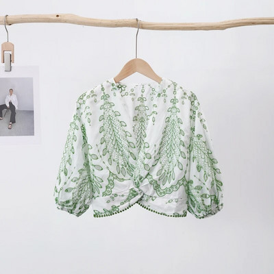 Top cu mânecă bufantă cu broderie, pantaloni scurți pentru femei, seturi de 2 bucăți, cu decolteu în V, bluză scobită, costum de femeie, ocazional, cu tivul val, set de pantaloni scurti