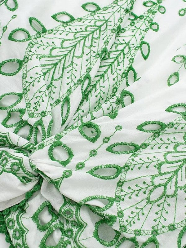 Top cu mânecă bufantă cu broderie, pantaloni scurți pentru femei, seturi de 2 bucăți, cu decolteu în V, bluză scobită, costum de femeie, ocazional, cu tivul val, set de pantaloni scurti