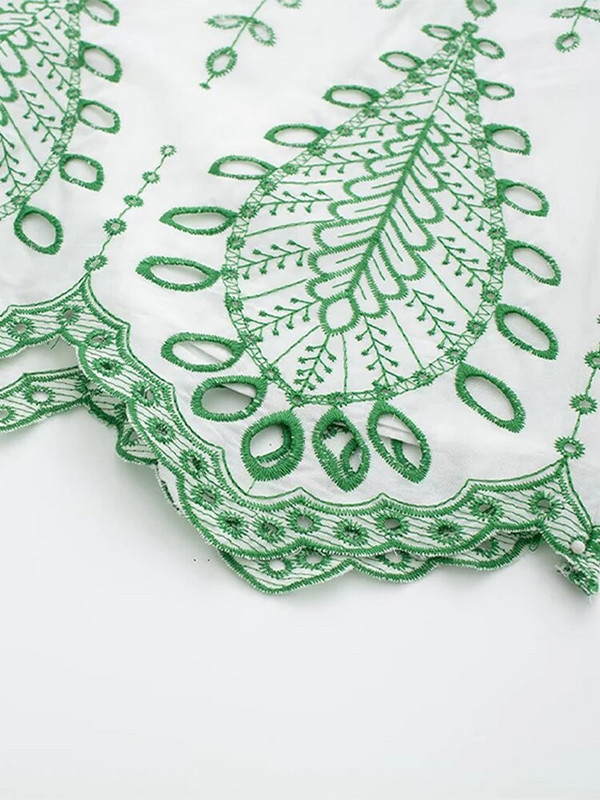 Top cu mânecă bufantă cu broderie, pantaloni scurți pentru femei, seturi de 2 bucăți, cu decolteu în V, bluză scobită, costum de femeie, ocazional, cu tivul val, set de pantaloni scurti