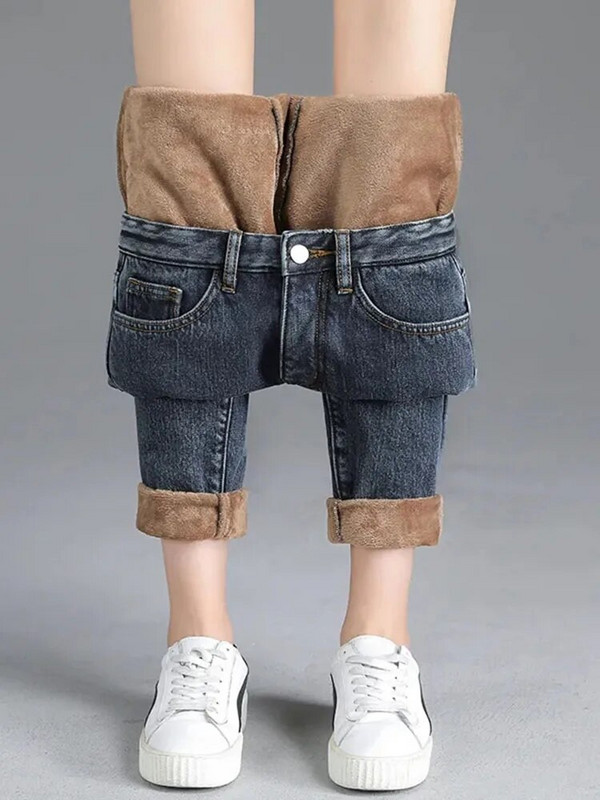 Blugi căptușiți din catifea de pluș de mărime mare, ocazional de iarnă, cu talie înaltă, drepte, îngroșate Vaqueros, largi, harem, pantaloni de denim până la gleznă