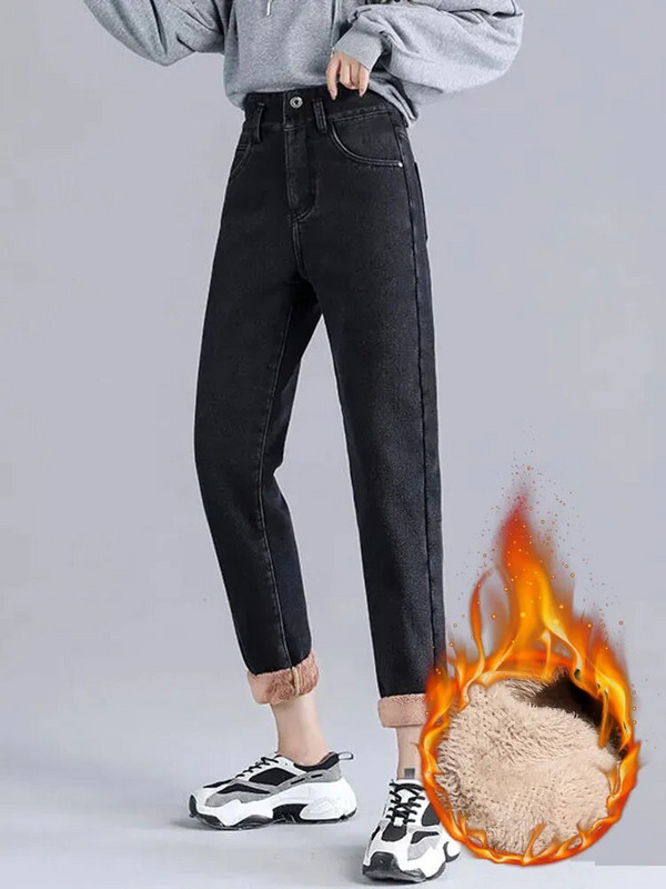 Blugi căptușiți din catifea de pluș de mărime mare, ocazional de iarnă, cu talie înaltă, drepte, îngroșate Vaqueros, largi, harem, pantaloni de denim până la gleznă