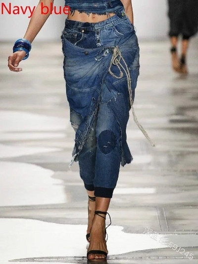 Pantaloni cowboy creion 5XL, la modă, neregulați cu șireturi, blugi până la glezne, cu talie joasă, pantaloni din denim cu găuri